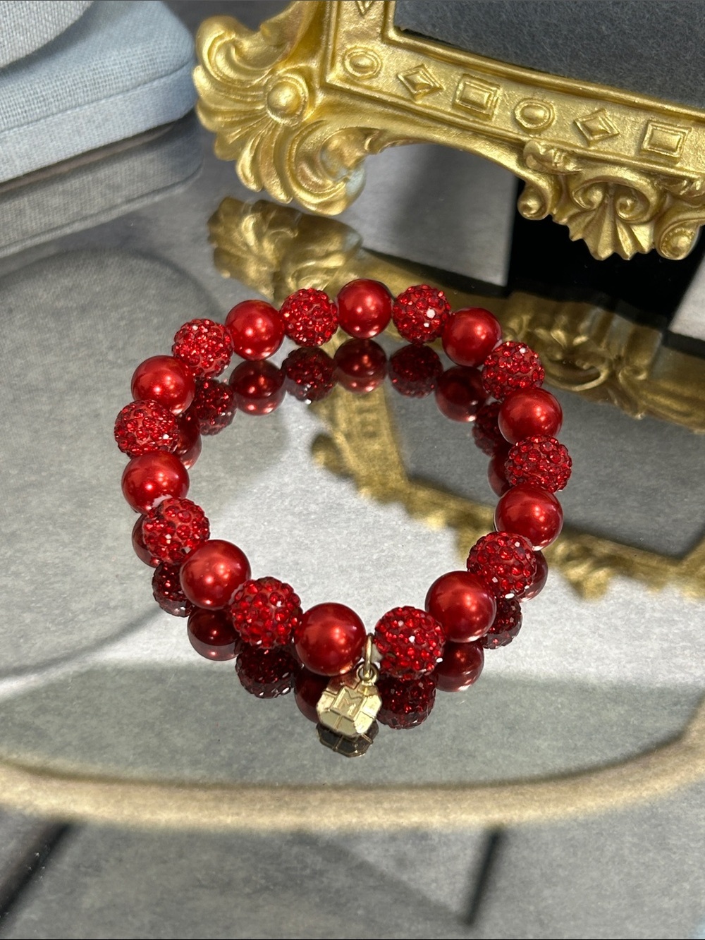 Monet Red Glass Beaded Stretch Bracelet with Gold Charm